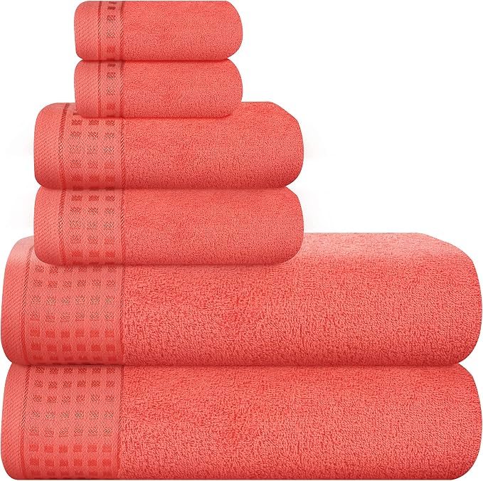 GLAMBURG 100% Cotton Ultra Soft 6 Pack Towel Set, Contains 2 Bath Towels 28x55 Inches, 2 Hand Towels 16x24 Inches & 2 Wash Coths 12x12 Inches, Compact Absorbent Lightweight & Quickdry - Coral Orange