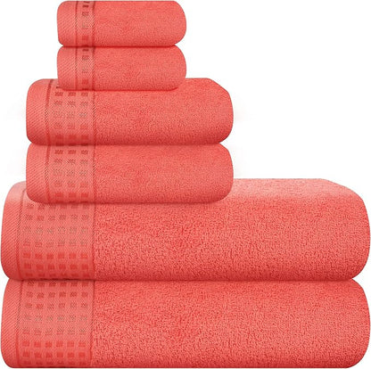 GLAMBURG 100% Cotton Ultra Soft 6 Pack Towel Set, Contains 2 Bath Towels 28x55 Inches, 2 Hand Towels 16x24 Inches & 2 Wash Coths 12x12 Inches, Compact Absorbent Lightweight & Quickdry - Coral Orange
