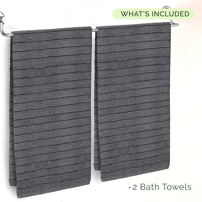Elegant Comfort 100% Turkish Cotton Corduroy Ribbed Luxury Soft 2 Pack Bath Towels 27 x 54 Inch - Ultra Plush, Absorbent, Quick Dry, Hotel Spa Quality Towels for Bathroom Essentials, Gray