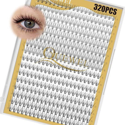 QUEWEL Lash Clusters 320Pcs 10D+20D D Curl Lash Cluster Eyelash Extensions | Cluster Lashes Mix9-16mm Individual Eyelashes Clusters Wispy Lash Clusters Thin Band Soft to Use at Home(10D+20D D Mix9-16)