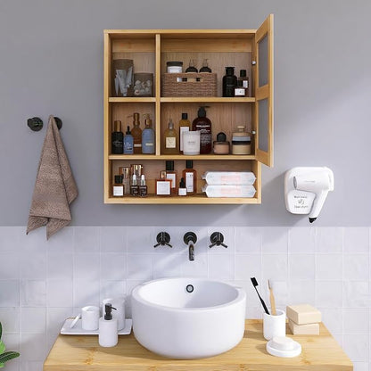 SMIBUY Bathroom Mirror Cabinet Wall Mounted, Bamboo Space Saver Medicine Cabinet, Wall Hanging Over Toilet Storage Cabinet with Mirror Door and Adjustable Shelf (Natural)