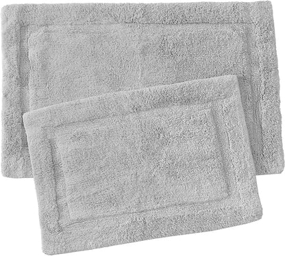 Jean Pierre New York Lydia Border 100% Cotton Bath Mat 2-Piece Set - Non-Slip Bath Rug - Grey - 17"x24" & 20" x 32"