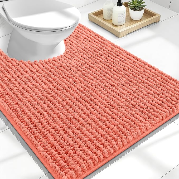 OLANLY Thick Chenille Toilet Rugs U-Shaped 24x20, Coral | Soft Absorbent Shaggy Contour Bathroom Rugs for Toilet, Dry Quickly, Machine Washable, Non-Slip Bath Mat