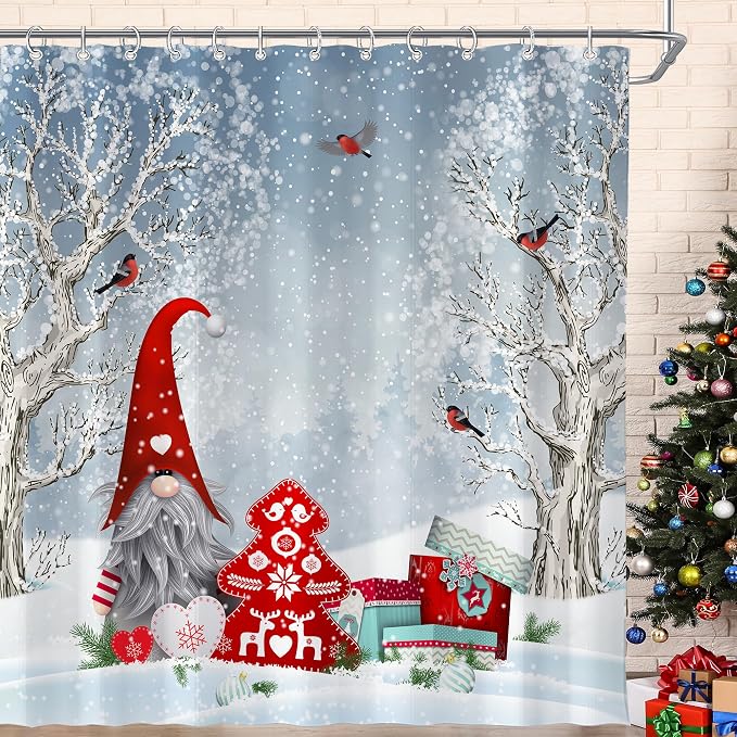 Winter Christmas Shower Curtain for Bathroom 72W*72H Inch Cute Gnome Cardinals Snowflake Snowy Bird Forest Holiday Decorations Bathtub Decor Waterproof Polyester Fabric Set