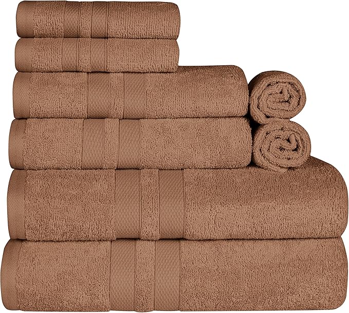 Superior Ultra-Soft 8-Piece Cotton Towel Set, Includes 2 Bath Towels, 2 Hand Towels, and 4 Washcloths, Daily Use Towels for Home, Bathroom, Guest Bath Room, Essential Quick Dry - Chocolate