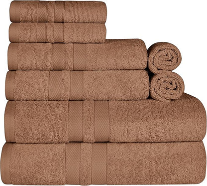 Superior Ultra-Soft 8-Piece Cotton Towel Set, Includes 2 Bath Towels, 2 Hand Towels, and 4 Washcloths, Daily Use Towels for Home, Bathroom, Guest Bath Room, Essential Quick Dry - Chocolate
