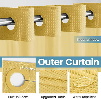 EUTXL 256GSM Heavyweight No Hook Shower Curtain with Snap in Liner,Waffle Weave Shower Curtains for Bathroom,71W x 74H,Yellow