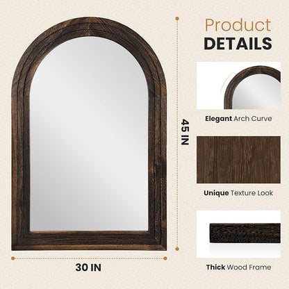 Arched Bathroom Mirror, 45"x30" Brown Wood Frame Wall Mirror | Farmhouse Vintage Vanity Mirror with Layered Frame for Entryway, Living Room, Bedroom