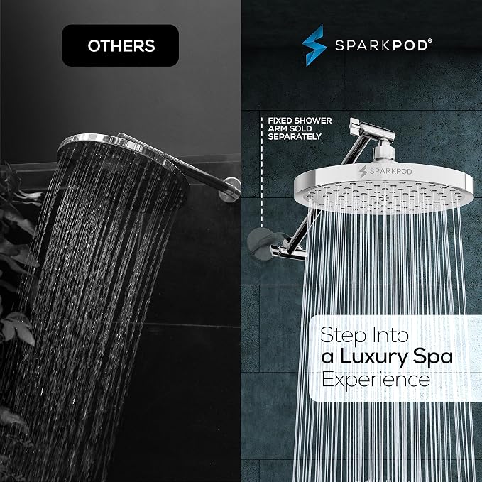 SparkPod 8" Round Rain Shower Head with 11" Shower Arm | Shower Head & Extension Arm Combo, Height Adjustable, High Pressure Performance, Easy 1-Minute Installation,Polished Chrome