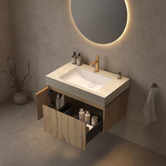 LKTART Floating 30 Inch Bathroom Vanity with Sink, Modern Plywood Wall Mounted Bathroom Storage Cabinet with 1 Door and 1 Drawer, Roma Travertine-Pattern Sintered Stone Countertop and Ceramic Basin