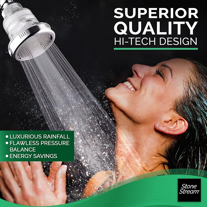 Original StoneStream Filtered Wall Showerhead for Hard Water with Soft Water Filter, High Pressure Multi-Functional Water Saving Showerhead with 3 Spray Settings