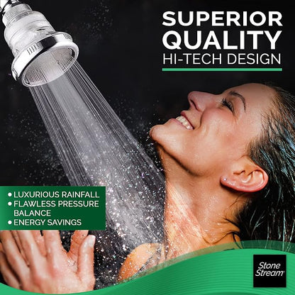 Original StoneStream Filtered Wall Showerhead for Hard Water with Soft Water Filter, High Pressure Multi-Functional Water Saving Showerhead with 3 Spray Settings