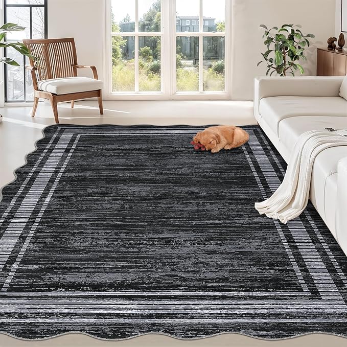 GarveeHome Scalloped 5x7 Rugs Washable Area Rugs for Living Room, Modern Bordered Solid Rug for Bedroom, Abstract Scalloped Non-Slip Stain Resistant Carpet for Dining Room Home Office Dorm, Black