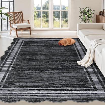 GarveeHome Scalloped 8x10 Rugs Washable Area Rugs for Living Room, Modern Bordered Solid Rug for Bedroom, Abstract Scalloped Non-Slip Stain Resistant Carpet for Dining Room Home Office Dorm, Black