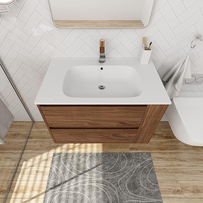Henf 30inch Wall Mounted Bathroom Vanity with White Gel Sink, Modern Floating Bathroom Vanity Cabinet with 2 Soft Close Drawers & Open Storage Shelf, Bathroom Sink Vanity with Sink Combo Set,Brown