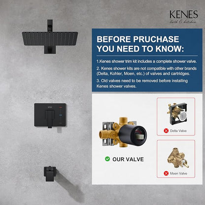 KENES Matte Black Shower Set with Tub Faucet, Square Tub Shower Trim Kit | Shower Faucet with 10-Inch Rain Shower Head, Square Shower System, Valve Included, Lead-Free cUPC & NSF Certified, Stainless