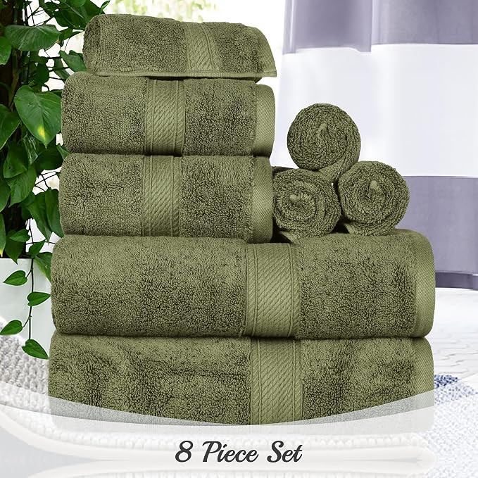 Superior Egyptian Cotton Ultra Plush & Absorbent, 8 Piece Set, Forest Green | Quick Dry, Soft Luxury Towel Set, Bath Essentials, Guest Bath, Spa, 2 Bath, 2 Hand, 4 Face Towels, Madeline Towels