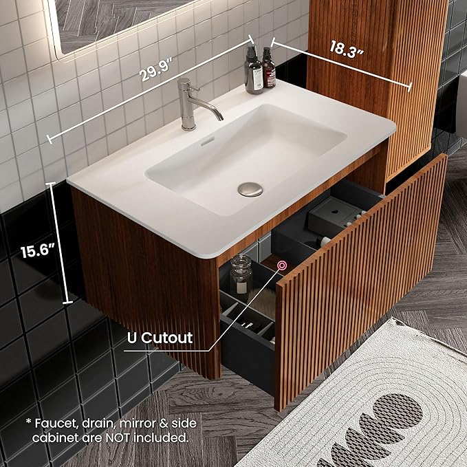 30" Bathroom Vanity with Sink, Modern Floating Vanity with Push Open Soft Close Drawer, Large Storage for Small Space, Walnut, Fully Assembled - Camellia Collection