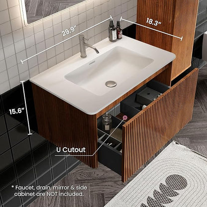 30" Bathroom Vanity with Sink, Modern Floating Vanity with Push Open Soft Close Drawer, Large Storage for Small Space, Walnut, Fully Assembled - Camellia Collection