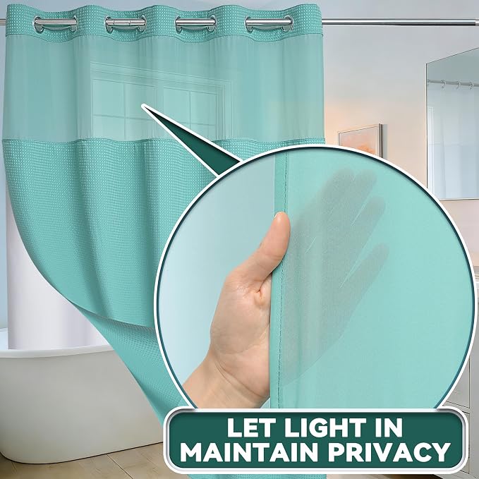 Conbo Mio Extra Long No Hook Green Waffle Weave Shower Curtain with Snap in Liner Set, Hotel Luxury Shower Curtains for Bathroom with See Through Top Window, Waterproof, Washable 71W x 84H