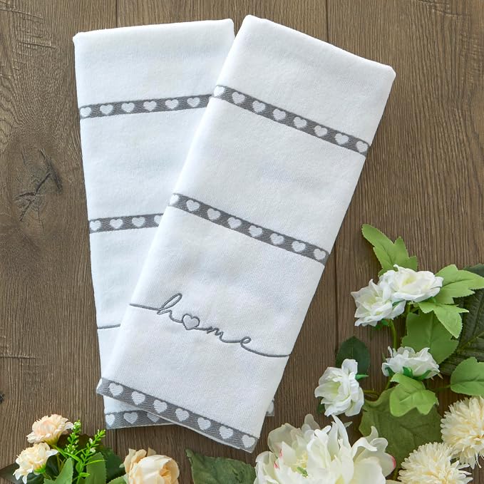 SKL Home Heart in Home Hand Towel Set-2pc, 100% Cotton, Embroidered, White | Soft, decorative velour. For use in the bathroom, kitchen, or any sink space & makes a great gift.