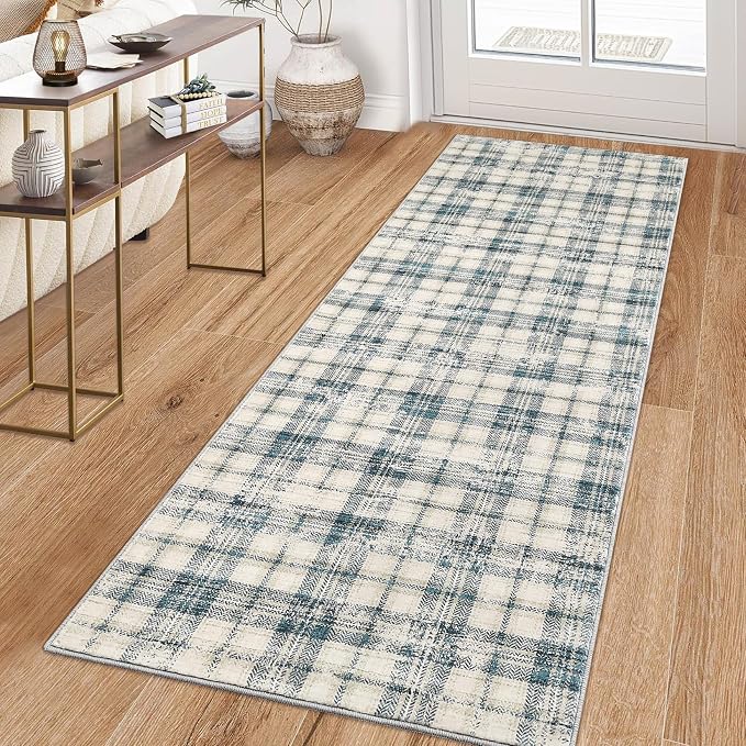 Washable Rugs Runner Rug 2x6 Modern Plaid Area Rug Soft Carpet 2'x6' Green/Beige