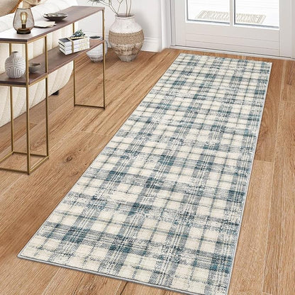 Washable Rugs Runner Rug 2x6 Modern Plaid Area Rug Soft Carpet 2'x6' Green/Beige