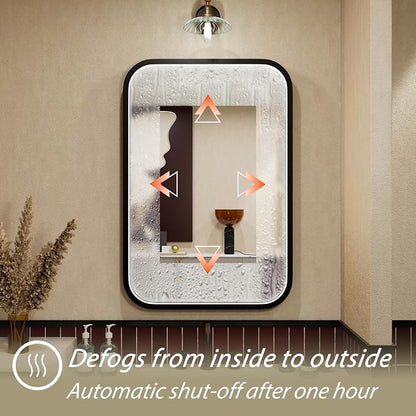 16"x24" Black LED Bathroom Mirror with 3000K/4500K/6000K Lights | Anti-Fog, Stepless Dimmable, Memory Function, Wall Mounted Aluminum Frame Lighted Bathroom Vanity Mirror, ETL Listed