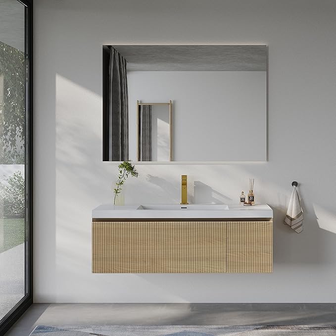 48'' Floating Bathroom Vanity with Sink Combo, Modern Wall-Mounted Striped Bathroom Storage Cabinet with Soft-Close Drawer and Glossy White Solid Surface Basin, Natural Oak, No Assembly Required