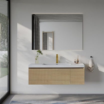 48'' Floating Bathroom Vanity with Sink Combo, Modern Wall-Mounted Striped Bathroom Storage Cabinet with Soft-Close Drawer and Glossy White Solid Surface Basin, Natural Oak, No Assembly Required