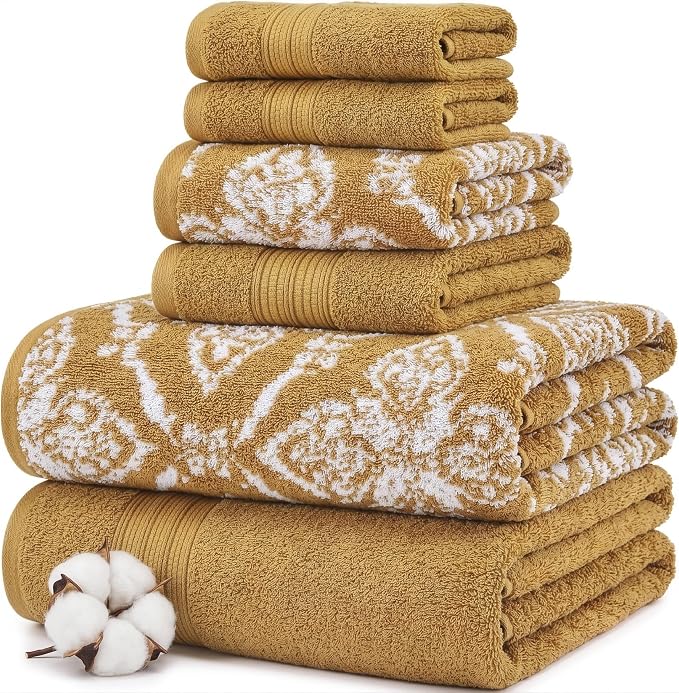 Modern Threads Amaris 6-Piece Reversible Yarn Dyed Jacquard Towel Set - Bath Towels, Hand Towels, & Washcloths - Super Absorbent & Quick Dry - 100% Combed Cotton, Gold