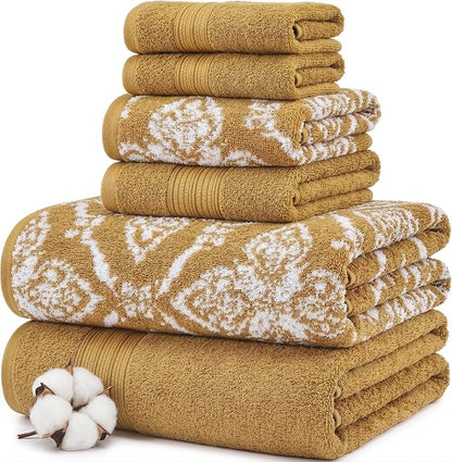 Modern Threads Amaris 6-Piece Reversible Yarn Dyed Jacquard Towel Set - Bath Towels, Hand Towels, & Washcloths - Super Absorbent & Quick Dry - 100% Combed Cotton, Gold
