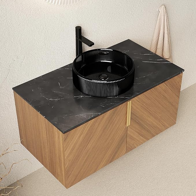 36 Inch Bathroom Vanity with Sink Combo, Floating Vanity Bathroom with Vessel Sink, Modern Bathroom Vanity Cabinet with Doors, Sintered Stone Countertop and Glass Sink,Brown Oak