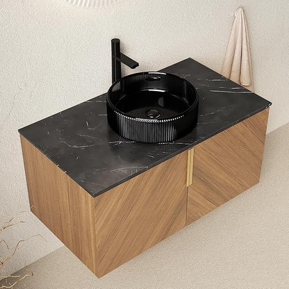 36 Inch Bathroom Vanity with Sink Combo, Floating Vanity Bathroom with Vessel Sink, Modern Bathroom Vanity Cabinet with Doors, Sintered Stone Countertop and Glass Sink,Brown Oak