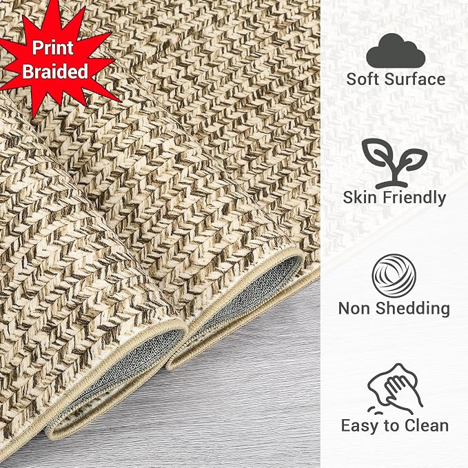 Printed Washable 3x5 Rug Modern Non Slip Entryway Rug Small Living Room Rug Braided Soft Throw Rugs Low Pile Stain Resistant Carpet for Office Bedroom Nursery Dining Room 3'x5' Beige/Grey