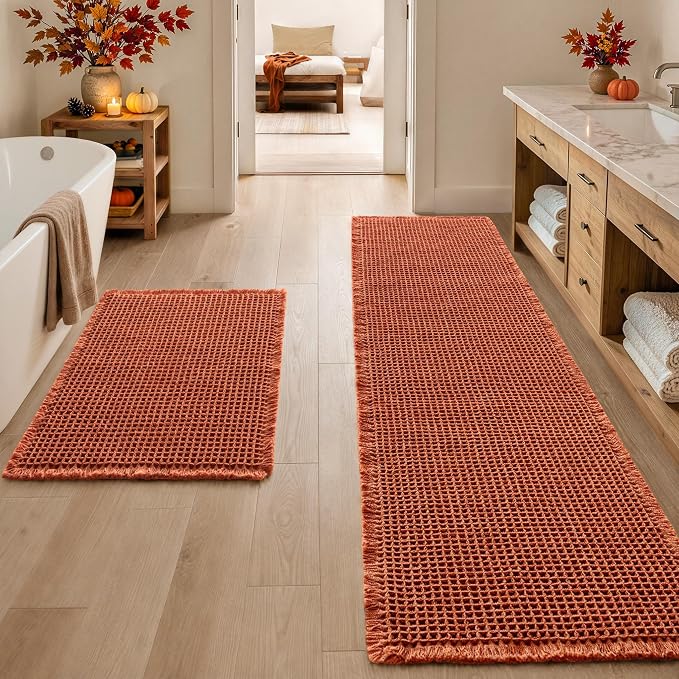 MIULEE Fall Orange Set of 2 Waffle Bathroom Rugs Bath Mat 17"x24"+17"x48" | Non Slip, Super Absorbent, Washable, Ultra Soft, Rubber Backed, Small Boho Bath Rug and Bathroom Runner for Floor Tub Shower