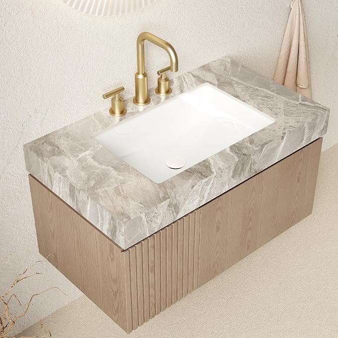 KEIKI 36 Inch Floating Bathroom Vanity with Sink, Light Brown & Grey | Modern Wall Mounted Storage Cabinet w/ Drawer & Door, Pre-assembled Wood Panels, Sintered Stone Top & Ceramic Basin Combo Set