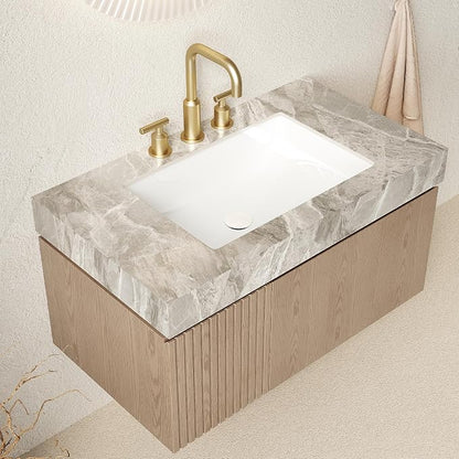 KEIKI 36 Inch Floating Bathroom Vanity with Sink, Light Brown & Grey | Modern Wall Mounted Storage Cabinet w/ Drawer & Door, Pre-assembled Wood Panels, Sintered Stone Top & Ceramic Basin Combo Set