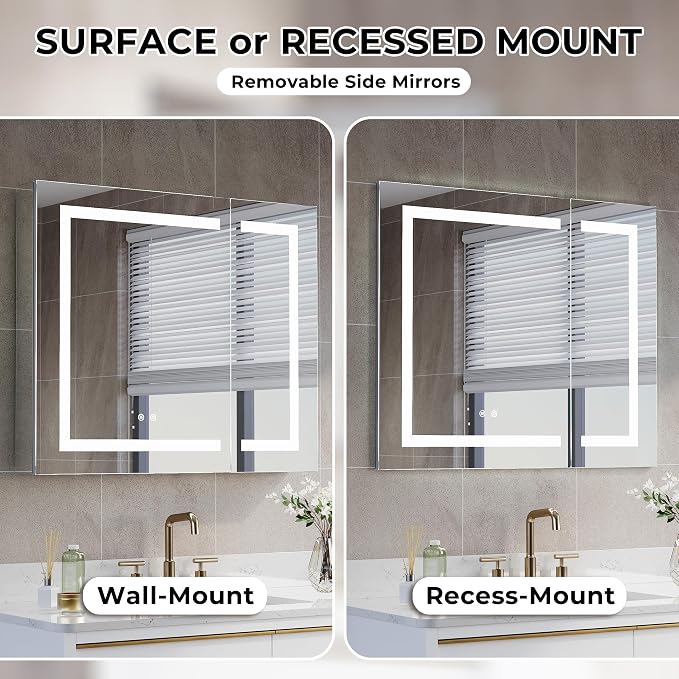36" X 30" Bathroom LED Medicine Cabinet with Mirror, Medicine Cabinet with Lights, Bathroom Mirror with Storage, Dimmer, Defogger, Outlets & USB Ports, Double Doors