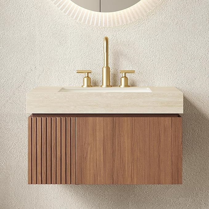 30” Floating Bathroom Vanity with Sink, Wall-Mounted Cabinet with Drawer & Doors, Roma Travertine-Pattern Countertop, Undermount Basin, 3 Faucet Hole, Soft-Close, Pre-Assembled, Brown Oak