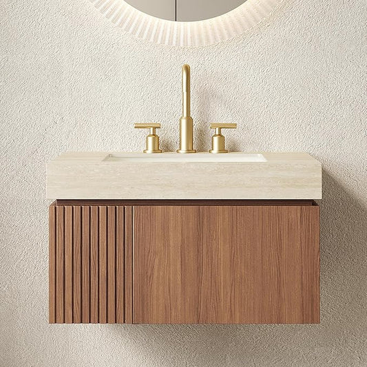 30” Floating Bathroom Vanity with Sink, Wall-Mounted Cabinet with Drawer & Doors, Roma Travertine-Pattern Countertop, Undermount Basin, 3 Faucet Hole, Soft-Close, Pre-Assembled, Brown Oak