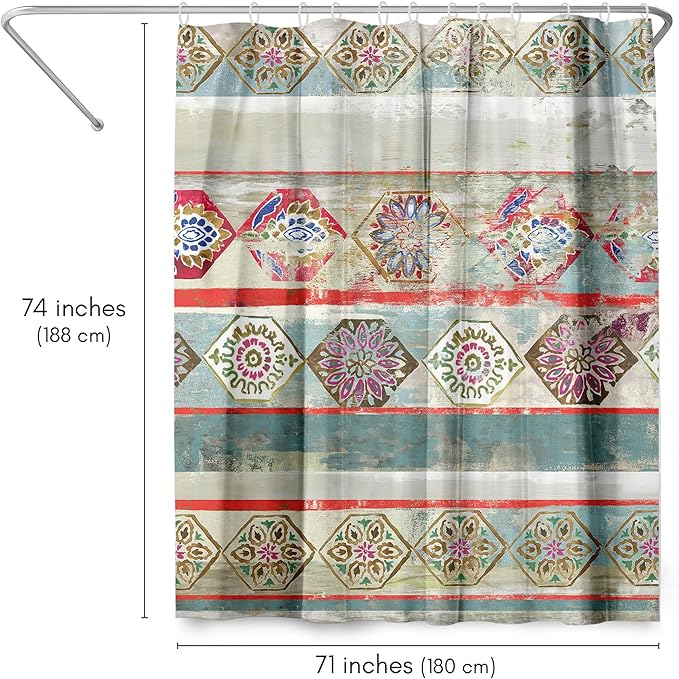 Americanflat 71x74 Boho Shower Curtain - Water-Resistant Long Shower Curtain with Durable Metal Grommets and 12 Hooks - 100% Polyester - Turquoise, Rust Red, Magenta and Olive Green