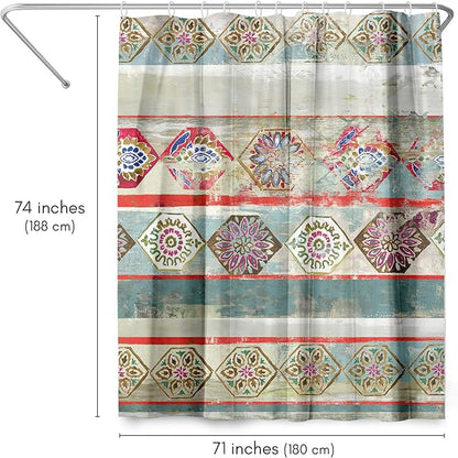Americanflat 71x74 Boho Shower Curtain - Water-Resistant Long Shower Curtain with Durable Metal Grommets and 12 Hooks - 100% Polyester - Turquoise, Rust Red, Magenta and Olive Green