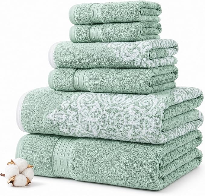 Modern Threads 6-Piece 100% Cotton Damask Medallion Towel Set, Sage | Highly Absorbent, Soft & Plush, Quick-Drying, 550 GSM, Color-Rich Yarn-Dyed Design, OEKO-TEX Certified