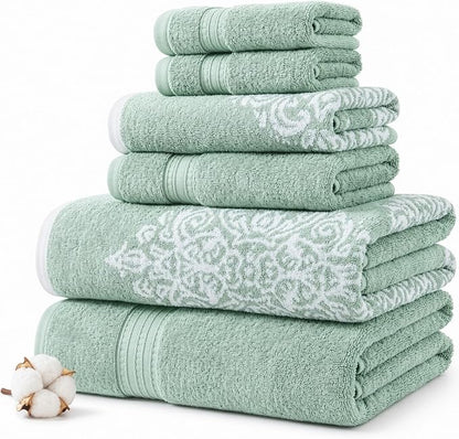 Modern Threads 6-Piece 100% Cotton Damask Medallion Towel Set, Sage | Highly Absorbent, Soft & Plush, Quick-Drying, 550 GSM, Color-Rich Yarn-Dyed Design, OEKO-TEX Certified