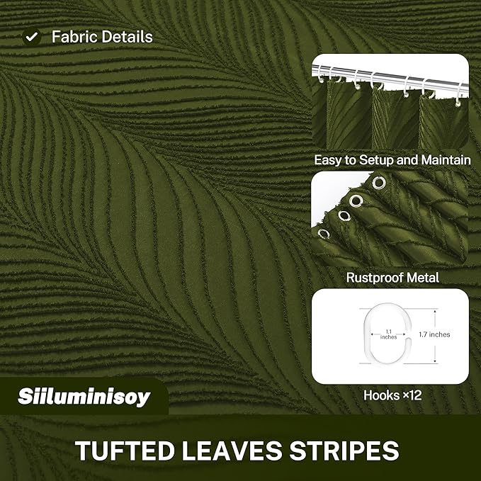 Extra Long Olive Green Boho Woven Fabric Cute 84 Inch Shower Curtain, 72 x 84 Tufted Leaves Textured Striped Modern Farmhouse Minimalist Cloth Shower Curtain for Bathroom
