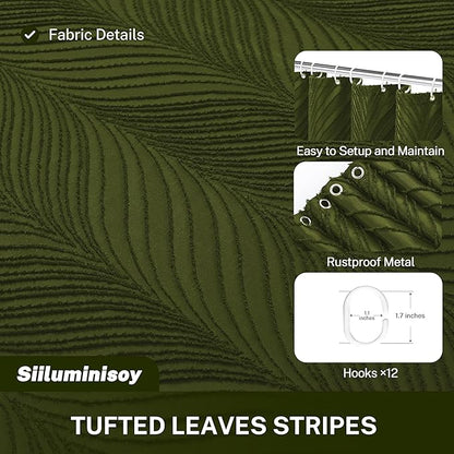 Extra Long Olive Green Boho Woven Fabric Cute 84 Inch Shower Curtain, 72 x 84 Tufted Leaves Textured Striped Modern Farmhouse Minimalist Cloth Shower Curtain for Bathroom