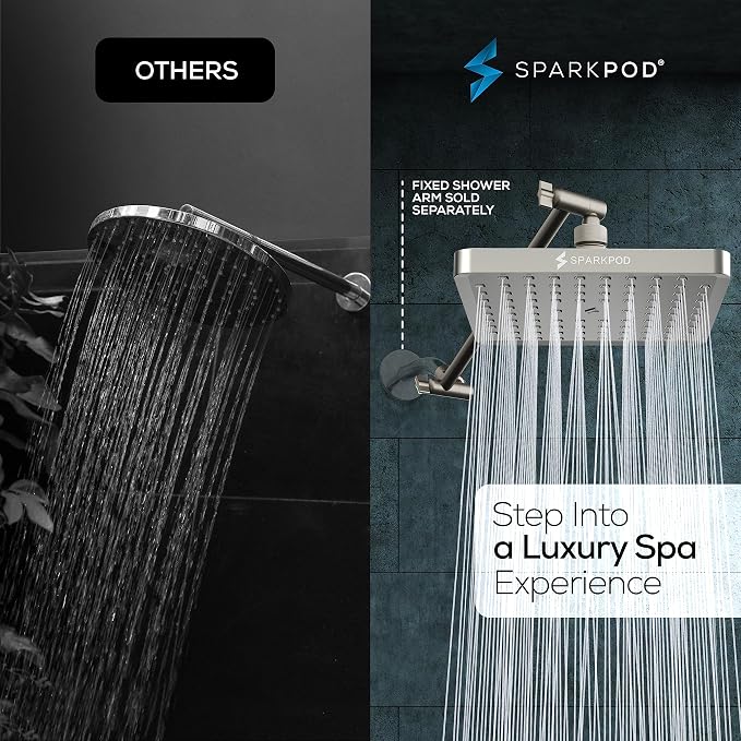 SparkPod 8" Square Rain Shower Head with 11" Shower Arm | Shower Head & Extension Arm Combo, Height Adjustable, High Pressure Performance, Easy 1-Minute Installation, Brushed Nickel
