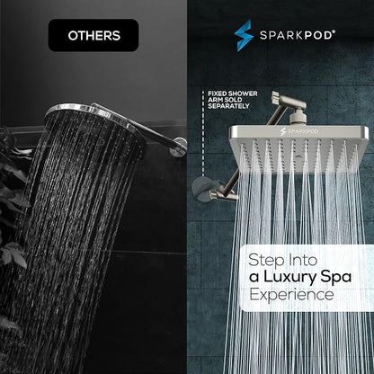 SparkPod 8" Square Rain Shower Head with 11" Shower Arm | Shower Head & Extension Arm Combo, Height Adjustable, High Pressure Performance, Easy 1-Minute Installation, Brushed Nickel