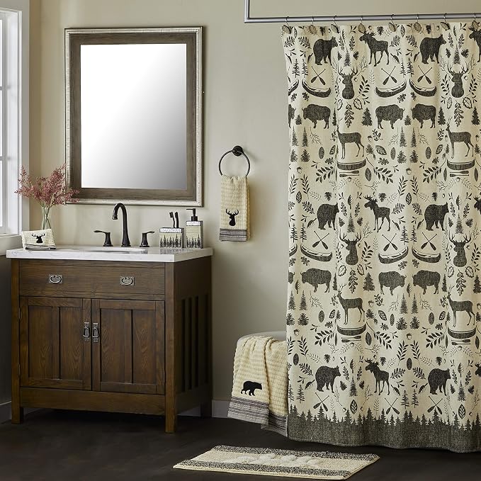 SKL Home Aspen Lodge Hand Towel Set-2pc, 100% Cotton Jacquard, Wheat | 550 GSM. Plush & absorbent. For the bathroom, kitchen or bar. Deer stag embroidery is great for Airbnb & cabin/lodge décor.